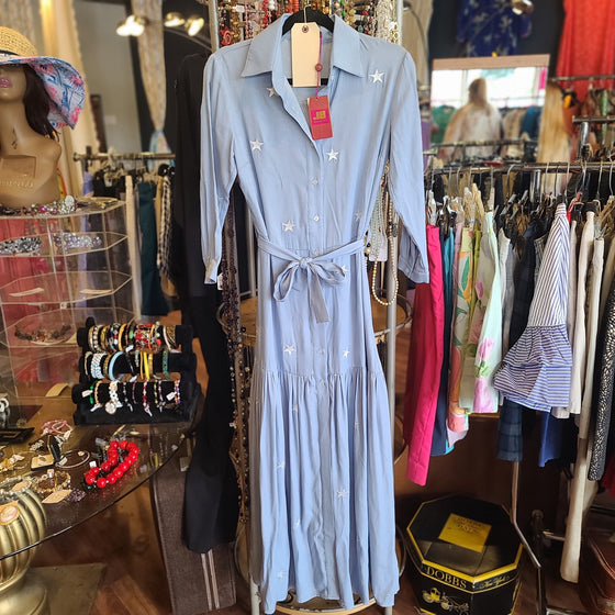 CLEARANCE! JO AGUIRRE NWT "The Lucky One" Chambray Maxi Dress w. White Stars S - PopRock Vintage. The cool quotes t-shirt store.