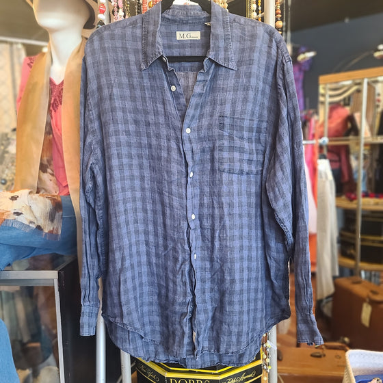 M GORDON Blue/Black Checkered 100% Linen Button Down Men's L - PopRock Vintage. The cool quotes t-shirt store.