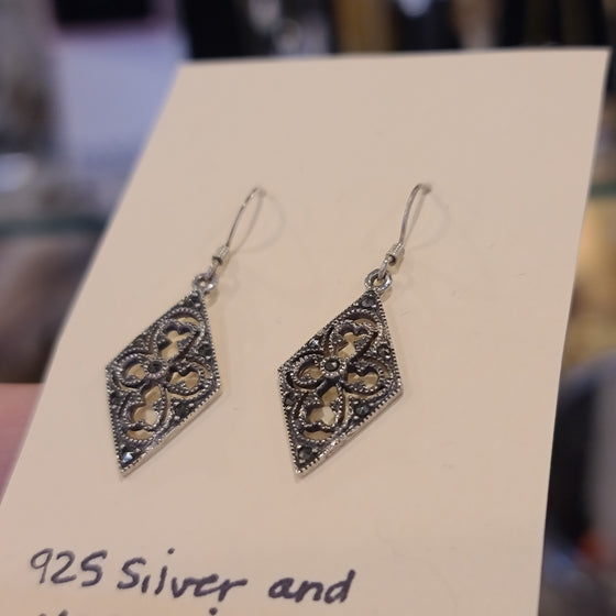 925 STERLING SILVER and Marcasite Diamond Dangle Earrings - PopRock Vintage. The cool quotes t-shirt store.