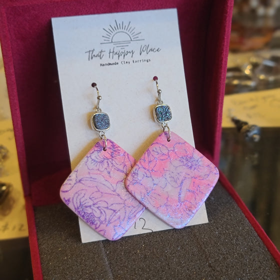 THAT HAPPY PLACE Pink Floral Diamond Shape Dangle Earrings - PopRock Vintage. The cool quotes t-shirt store.