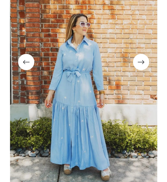 CLEARANCE! JO AGUIRRE NWT "The Lucky One" Chambray Maxi Dress w. White Stars S - PopRock Vintage. The cool quotes t-shirt store.