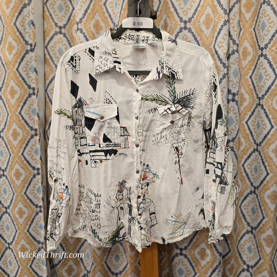 CHICOS White Patterned Button Down 2 - PopRock Vintage. The cool quotes t-shirt store.