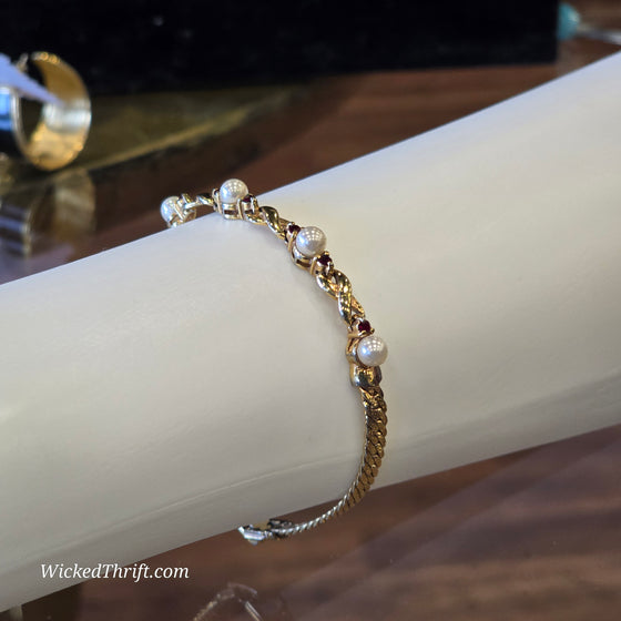 GOLDEN Faux Pearl & Red Rhinestone Tennis Bracelet - PopRock Vintage. The cool quotes t-shirt store.