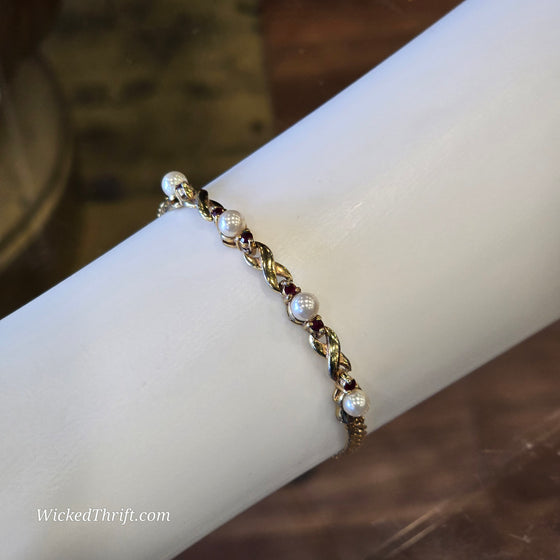 GOLDEN Faux Pearl & Red Rhinestone Tennis Bracelet - PopRock Vintage. The cool quotes t-shirt store.