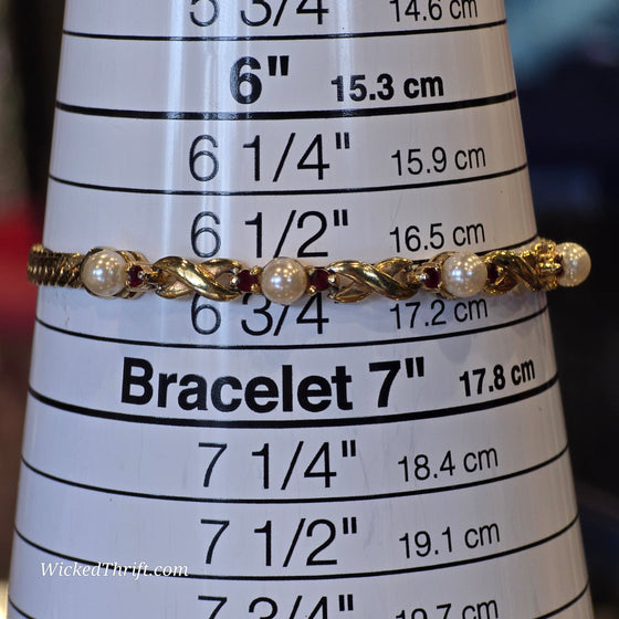 GOLDEN Faux Pearl & Red Rhinestone Tennis Bracelet - PopRock Vintage. The cool quotes t-shirt store.